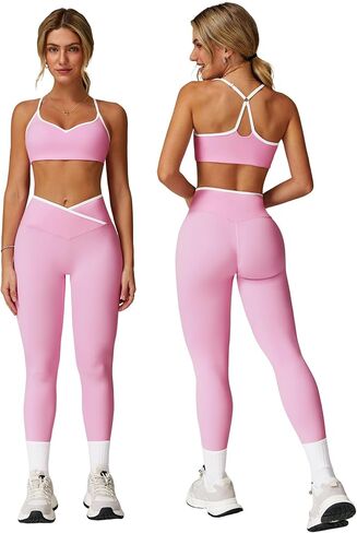 Women 2 Piece Workout Sets ColorBlock Cross Back Sports Bra High Waist Tummy Control Active Leggings Yoga Outfit in Saudi Arabia