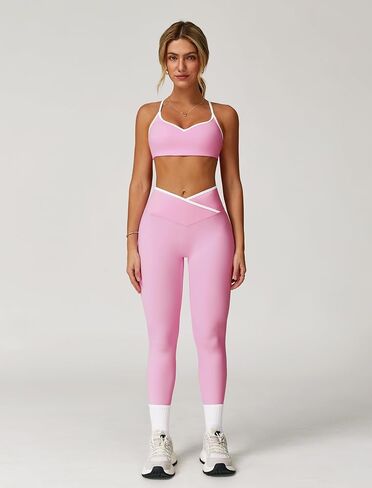Women 2 Piece Workout Sets ColorBlock Cross Back Sports Bra High Waist Tummy Control Active Leggings Yoga Outfit in Saudi Arabia