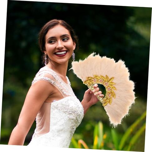 Vaguelly Hand Held Plume Fan for Weddings Delicate Bride Accessory Lace Trim for Bridal Showers and Parties Elegant Photo Prop for Celebrations in Saudi Arabia