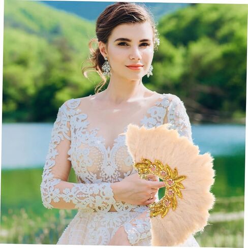 Vaguelly Hand Held Plume Fan for Weddings Delicate Bride Accessory Lace Trim for Bridal Showers and Parties Elegant Photo Prop for Celebrations in Saudi Arabia