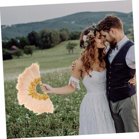 Vaguelly Hand Held Plume Fan for Weddings Delicate Bride Accessory Lace Trim for Bridal Showers and Parties Elegant Photo Prop for Celebrations in Saudi Arabia