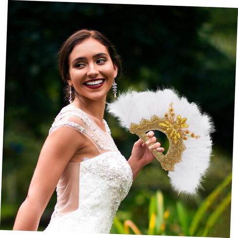 Vaguelly Hand Held Plume Fan for Weddings Delicate Bride Accessory Lace Trim for Bridal Showers and Parties Elegant Photo Prop for Celebrations in Saudi Arabia