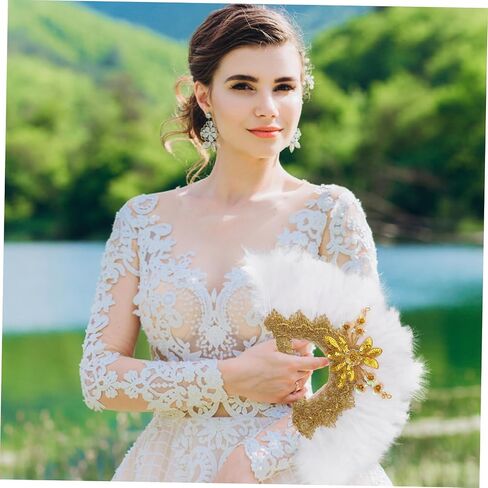 Vaguelly Hand Held Plume Fan for Weddings Delicate Bride Accessory Lace Trim for Bridal Showers and Parties Elegant Photo Prop for Celebrations in Saudi Arabia