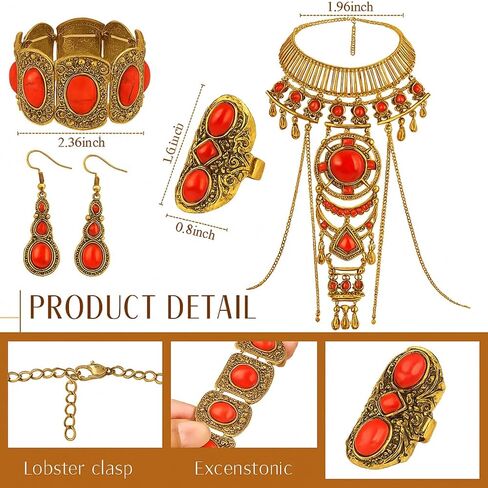 4 PCS Boho Turquoise Jewelry Set تشمل Boho بيان قلادة سلاسل جسم سبيكة راتنجات بيضاوية إسقاط أقراط قابلة للتعديل قلب سوار الفيروز المضغوط للنساء in Kuwait