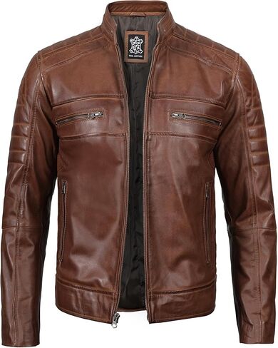 fjackets Cafe Racer Leather Jacket Men - Real Lambskin Leather Biker Motorcycle Jackets For Mens in Kuwait