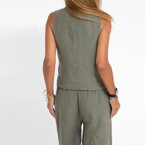 Women's 2 Piece Outfits Cotton Linen Vest and Wide Leg Pants Suits Sleeveless Business Casual Blazer Sets Work Travel in Saudi Arabia
