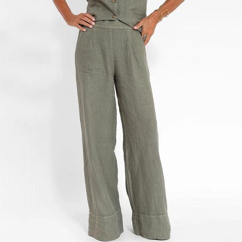 Women's 2 Piece Outfits Cotton Linen Vest and Wide Leg Pants Suits Sleeveless Business Casual Blazer Sets Work Travel in Saudi Arabia