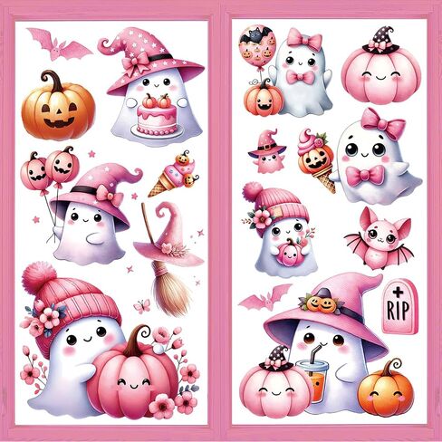 Whaline 9 Sheets Halloween Pink Ghost Window Clings Cute Ghost Pumpkin BAT على الوجهين على الوجهين شارات النافذة القابلة لإعادة الاستخدام للمنزل في الفصل الدراسي الزجاجي Decor in Saudi Arabia