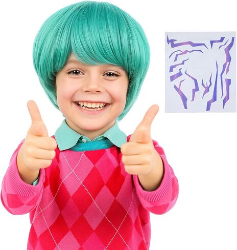 Short Green Synthetic Hair Costume Wig with 2 PCS Tattoos – Natural Looking Cosplay Wigs for Halloween Party, Cosplay Events (Green) in Kuwait