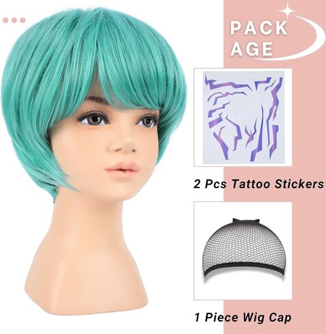 Short Green Synthetic Hair Costume Wig with 2 PCS Tattoos – Natural Looking Cosplay Wigs for Halloween Party, Cosplay Events (Green) in Kuwait