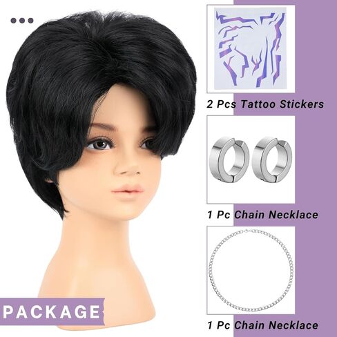 Short Green Synthetic Hair Costume Wig with 2 PCS Tattoos – Natural Looking Cosplay Wigs for Halloween Party, Cosplay Events (Green) in Kuwait