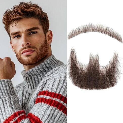 Fake Beard 100% Human Hair Full Hand Tide Lace Fake Mustache Brown Color Goatee Realistic Costume Fake Facial Hair for Halloween,Cosplay or other Funny Party in Kuwait
