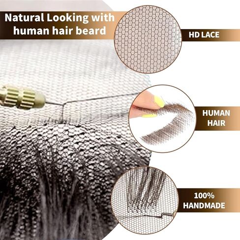 Fake Beard 100% Human Hair Full Hand Tide Lace Fake Mustache Brown Color Goatee Realistic Costume Fake Facial Hair for Halloween,Cosplay or other Funny Party in Kuwait