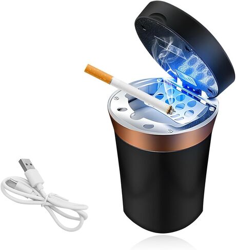 Car Ashtray, Solar Powered/USB Rechargeable Vehicle Ashtray with Electronic Cigarette Lighter, Detachable Ash Tray with Lid & LED Blue Light for Car Cup Holder Home Office (Black) in Saudi Arabia