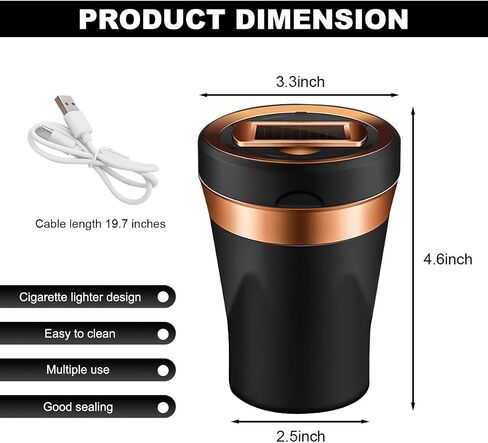 Car Ashtray, Solar Powered/USB Rechargeable Vehicle Ashtray with Electronic Cigarette Lighter, Detachable Ash Tray with Lid & LED Blue Light for Car Cup Holder Home Office (Black) in Saudi Arabia