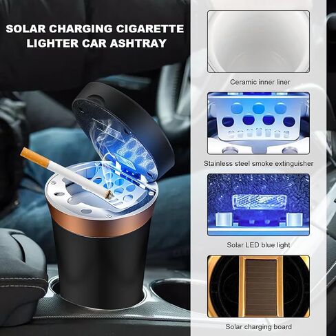 Car Ashtray, Solar Powered/USB Rechargeable Vehicle Ashtray with Electronic Cigarette Lighter, Detachable Ash Tray with Lid & LED Blue Light for Car Cup Holder Home Office (Black) in Saudi Arabia