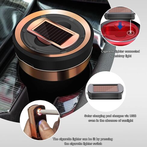 Car Ashtray, Solar Powered/USB Rechargeable Vehicle Ashtray with Electronic Cigarette Lighter, Detachable Ash Tray with Lid & LED Blue Light for Car Cup Holder Home Office (Black) in Saudi Arabia