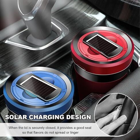 Car Ashtray, Solar Powered/USB Rechargeable Vehicle Ashtray with Electronic Cigarette Lighter, Detachable Ash Tray with Lid & LED Blue Light for Car Cup Holder Home Office (Black) in Saudi Arabia
