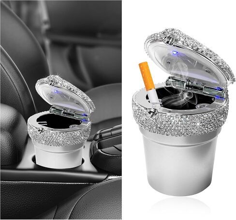 Car Ashtray with Lid, Portable Bling Cylinder Cup Holder Ash Tray with LED Light Indicator, Sparkling Smokeless Ash Holder Mini Trash Can for Vehicle Home Office Travel (Black) in Kuwait