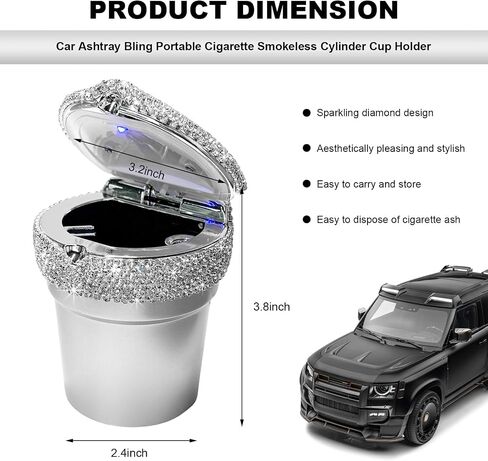 Car Ashtray with Lid, Portable Bling Cylinder Cup Holder Ash Tray with LED Light Indicator, Sparkling Smokeless Ash Holder Mini Trash Can for Vehicle Home Office Travel (Black) in Kuwait