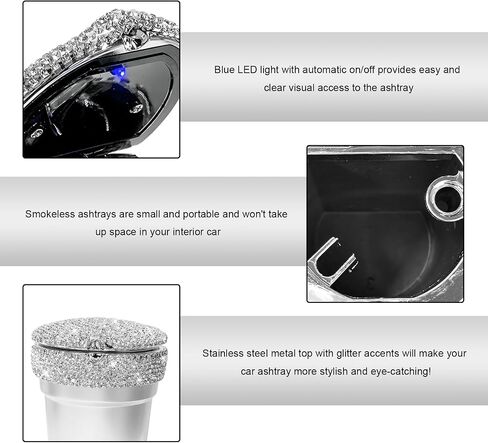 Car Ashtray with Lid, Portable Bling Cylinder Cup Holder Ash Tray with LED Light Indicator, Sparkling Smokeless Ash Holder Mini Trash Can for Vehicle Home Office Travel (Black) in Kuwait