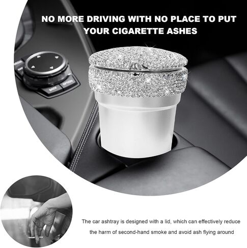 Car Ashtray with Lid, Portable Bling Cylinder Cup Holder Ash Tray with LED Light Indicator, Sparkling Smokeless Ash Holder Mini Trash Can for Vehicle Home Office Travel (Black) in Kuwait