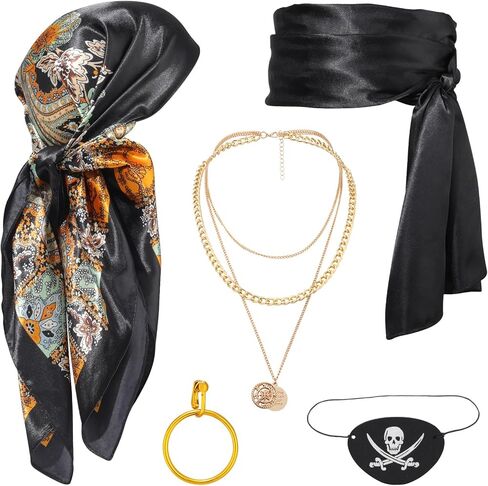 AWAYTR Pirate Costume Accessories Set for Men and Women, Comes with Head Scarf, Necklace, Sash Belt, Eye mask in Saudi Arabia