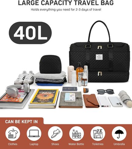Travel Duffle Bag, Weekender Bags for Women with Shoe Compartment, Overnight Bag with Toiletry Bag, Carry On Duffel Bags For Airplanes, Yoga Gym Duffel Bag, Black in Saudi Arabia