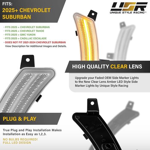 USR 25-Up GMT-T1 SUV SIV Marker Light-مصابيح وقوف السيارات الأمامية (يسار + يمين)-متوافق مع 2025+ Chevy Suburban ، Tahoe/GMC Yukon/Escalade (عدسة دخان مع تسلسل بدء التشغيل الأبيض) in Saudi Arabia