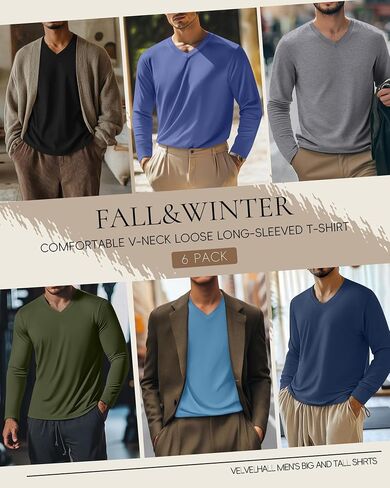 6 Pack Big and Tall Shirts for Men L-7xl Cotton Long Sleeve V Neck Loose Fit Tops Fall Casual Basic Tee Multipack in Saudi Arabia
