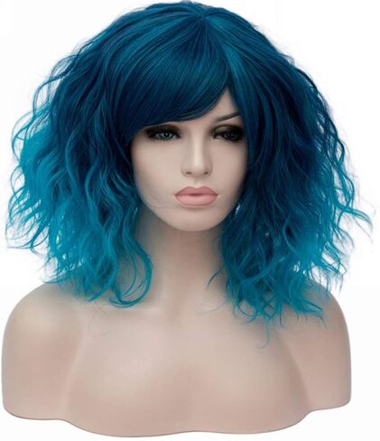 Oneustar Blue شعر مستعار مع الانفجارات القصيرة المتموجة البوب ​​الباروك البسكرا البسكرا الاصطناعية البشر لجميع الهالوين لحفل البناء الفستان البسكويت الملون 14 بوصة in Saudi Arabia