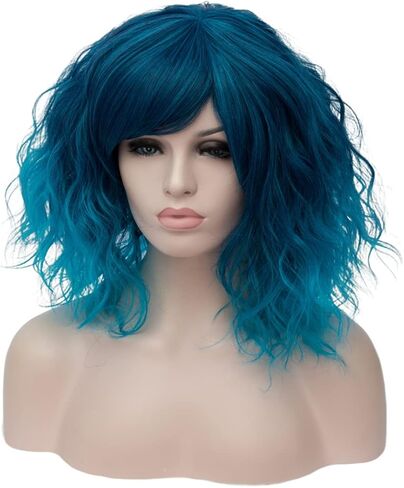 Oneustar Blue شعر مستعار مع الانفجارات القصيرة المتموجة البوب ​​الباروك البسكرا البسكرا الاصطناعية البشر لجميع الهالوين لحفل البناء الفستان البسكويت الملون 14 بوصة in Saudi Arabia