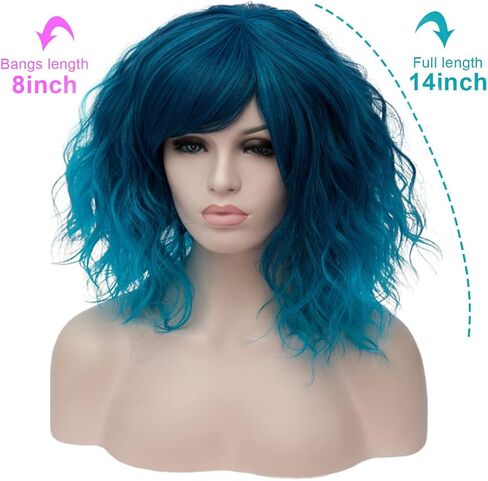 Oneustar Blue شعر مستعار مع الانفجارات القصيرة المتموجة البوب ​​الباروك البسكرا البسكرا الاصطناعية البشر لجميع الهالوين لحفل البناء الفستان البسكويت الملون 14 بوصة in Saudi Arabia