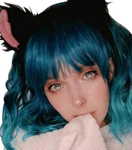 Oneustar Blue شعر مستعار مع الانفجارات القصيرة المتموجة البوب ​​الباروك البسكرا البسكرا الاصطناعية البشر لجميع الهالوين لحفل البناء الفستان البسكويت الملون 14 بوصة in Saudi Arabia