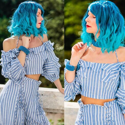 Oneustar Blue شعر مستعار مع الانفجارات القصيرة المتموجة البوب ​​الباروك البسكرا البسكرا الاصطناعية البشر لجميع الهالوين لحفل البناء الفستان البسكويت الملون 14 بوصة in Saudi Arabia