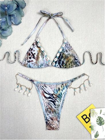 MakeMeChic Women's Bikini Set Leopard Print Halter Triangle Tie Backless Thong Bathing Suit in Saudi Arabia