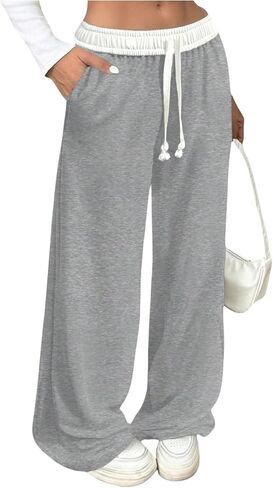 SHENHE Girl's Drawstring Waist Baggy Sweatpants Wide Leg Teen Girls Straight Leg Casual Colorblock Sweat Pants with Pockets in Saudi Arabia