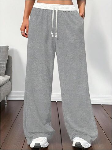 SHENHE Girl's Drawstring Waist Baggy Sweatpants Wide Leg Teen Girls Straight Leg Casual Colorblock Sweat Pants with Pockets in Saudi Arabia