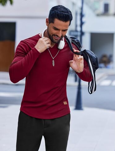 COOFANDY Men's Long Sleeve Muscle T Shirts Casual V-Neck Slim Fit Longline Ribbed Shirts Stretch Tee Shirts in Saudi Arabia
