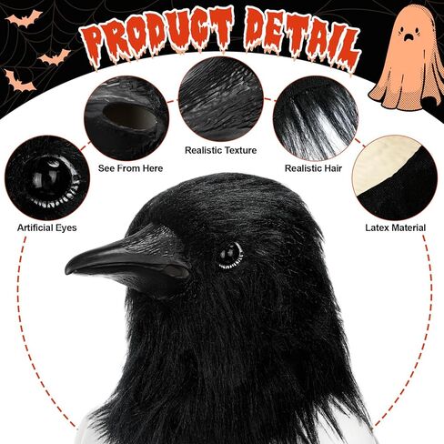 Halloween Black Crow Latex Mask Realistic Raven Mask Animal Full Head Bird Costume Adult Raven Reaper Dress Props for Halloween Costume Party Carnival Headwear Cosplay in Saudi Arabia
