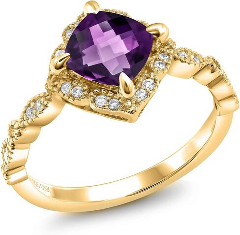 Gem Stone King 7MM Cushion Cut Gemstone Birthstone and White Moissanite Solitaire Engagement Ring For Women | 18K Yellow Gold Plated Silver | Available in Size 5, 6, 7, 8, 9 in Saudi Arabia