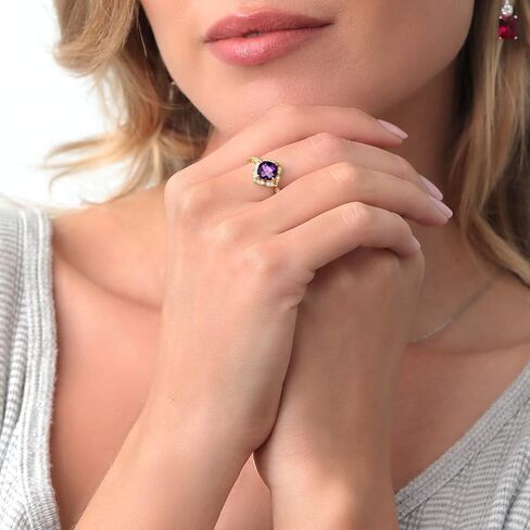 Gem Stone King 7MM Cushion Cut Gemstone Birthstone and White Moissanite Solitaire Engagement Ring For Women | 18K Yellow Gold Plated Silver | Available in Size 5, 6, 7, 8, 9 in Saudi Arabia
