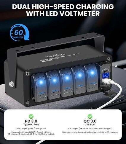 5 عصابة ألومنيوم مفتاح التبديل لوحة تبديل DASH 12V 24V DC 5 PIN ON/OFF ROCKER قبل وصول المفتاح الخلفي الأزرق QC 3.0 USB التبديل للسيارات البحرية قارب البحرية in Kuwait