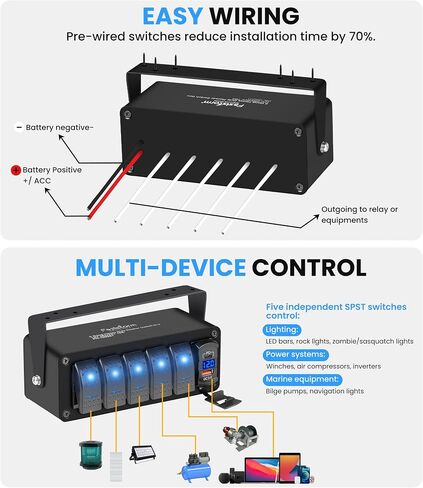 5 عصابة ألومنيوم مفتاح التبديل لوحة تبديل DASH 12V 24V DC 5 PIN ON/OFF ROCKER قبل وصول المفتاح الخلفي الأزرق QC 3.0 USB التبديل للسيارات البحرية قارب البحرية in Kuwait