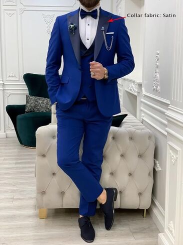 Mens Slim Fit Suit 3 Piece, Wedding Prom Party Business Tuxedo, Double Breasted Blazer Vest and Pants with Bow Tie in Saudi Arabia