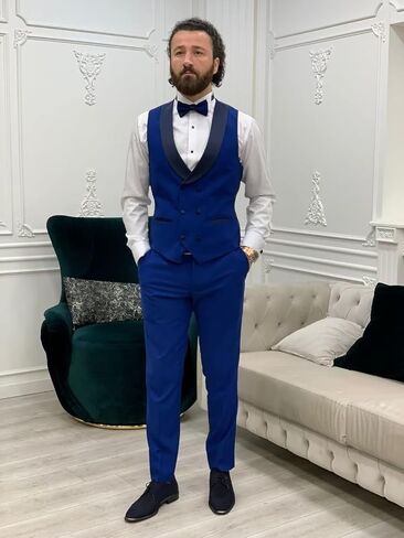 Mens Slim Fit Suit 3 Piece, Wedding Prom Party Business Tuxedo, Double Breasted Blazer Vest and Pants with Bow Tie in Saudi Arabia