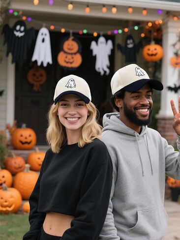 Halloween Ghost Trucker Hat, Goth Embroidered Baseball Caps for Men & Women, Cute Spooky Gifts for Festival Wear in Saudi Arabia