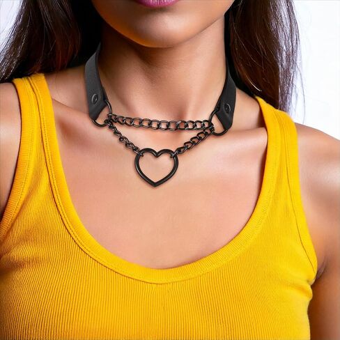 Choker Necklace for Women Black Heart Leather Collar Gothic Jewelry Punk Choker Collar O-ring Slip Chain Necklace Accessories Body Chain Belt Jewelry for Halloween Cosplay in Saudi Arabia
