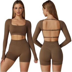 ABOCIW Workout Sets for Women 2 Piece Seamless Long Sleeve Crop Top Scrunch Butt High Waisted Shorts Gym Sets in Saudi Arabia