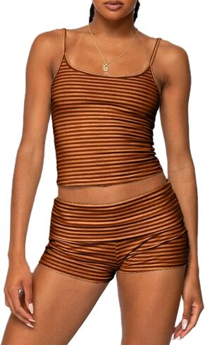 Women Fashion Striped 2 Piece Lounge Set Camisole Crop Top and Fold Over Shorts Pajama Sets Streetwear in Saudi Arabia
